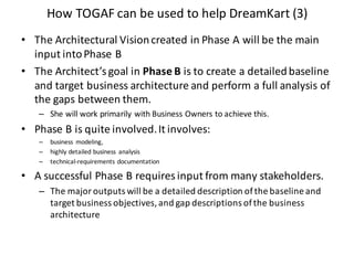 How	TOGAF	can	be	used	to	help	DreamKart (3)
• The	Architectural	Vision	created	in	Phase	A	will	be	the	main	
input	into	Phase	B
• The	Architect’s	goal	in	Phase	B is	to	create	a	detailed	baseline	
and	target	business	architecture	and	perform	a	full	analysis	of	
the	gaps	between	them.	
– She	will	work	primarily	with	Business	Owners	to	achieve	this.
• Phase	B	is	quite	involved.	It	involves:
– business	 modeling,
– highly	detailed	business	 analysis
– technical-requirements	documentation
• A	successful	Phase	B	requires	input	from	many	stakeholders.	
– The	major	outputs	will	be	a	detailed	description	of	the	baseline	and	
target	business	objectives,	and	gap	descriptions	of	the	business	
architecture
 