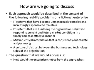 How	are	we	going	to	discuss
• Each	approach	would	be	described	in	the	context	of	
the	following	real-life	problems	of	a	fictional	enterprise
– IT	systems	that	have	become	unmanageably	complex	and	
increasingly	expensive	to	maintain
– IT	systems	that	are	hindering	the	organization's	ability	to	
respond	to	current	and	future	market	conditions	in	a	
timely	and	cost-effective	manner
– Mission-critical	information	that	is	consistently	out-of-date	
and/or	wrong
– A	culture	of	distrust	between	the	business	and	technology	
sides	of	the	organization
• The	question	that	we	would	address	is:
– How	would	the	enterprise	choose	from	the	approaches
 