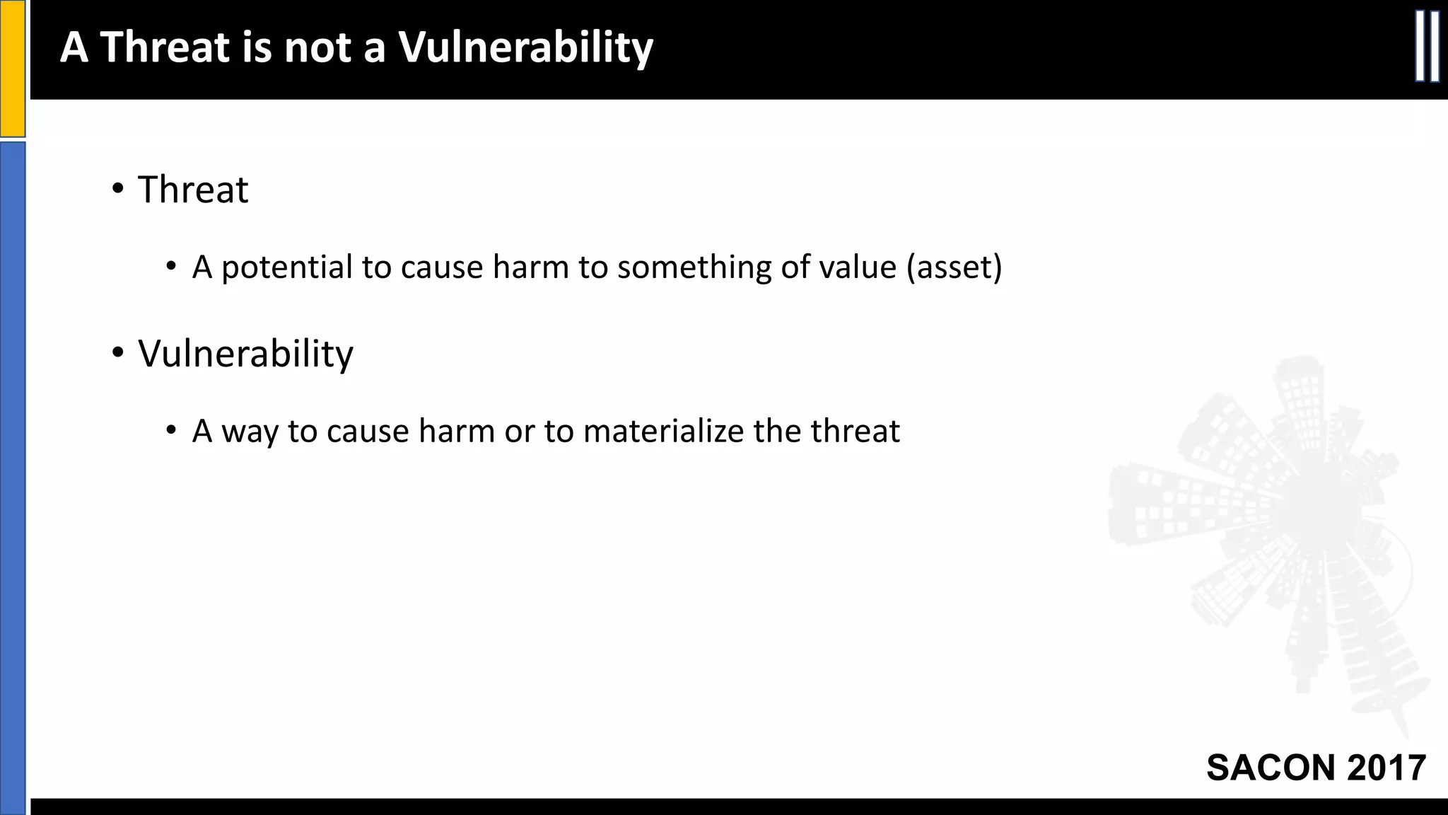 SACON 2017
• Threat
• A	potential	to	cause	harm	to	something	of	value	(asset)
• Vulnerability
• A	way	to	cause	harm	or	to	materialize	the	threat
A	Threat	is	not	a	Vulnerability
 