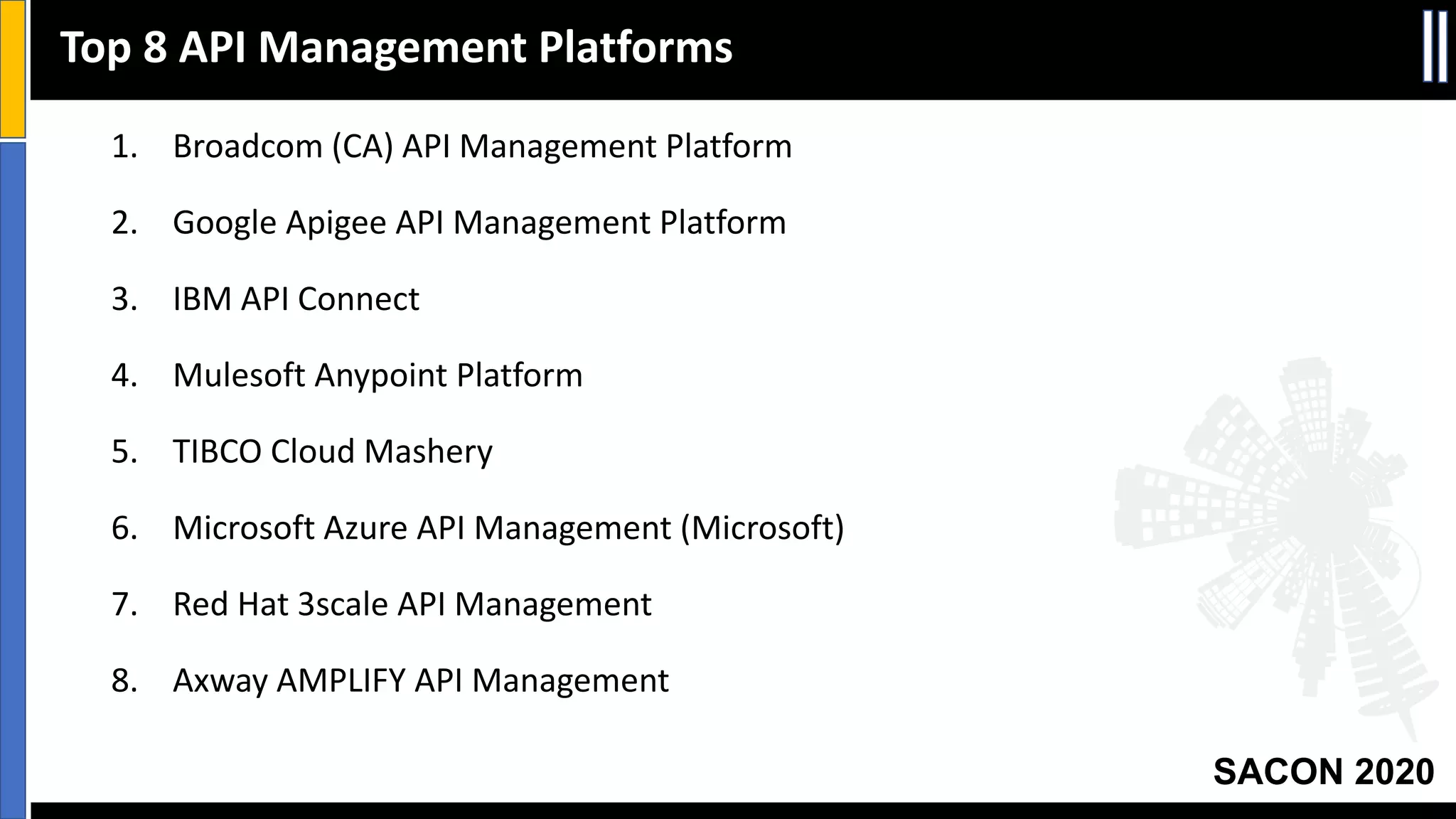 SACON 2020
1. Broadcom (CA) API Management Platform
2. Google Apigee API Management Platform
3. IBM API Connect
4. Mulesoft Anypoint Platform
5. TIBCO Cloud Mashery
6. Microsoft Azure API Management (Microsoft)
7. Red Hat 3scale API Management
8. Axway AMPLIFY API Management
Top 8 API Management Platforms
 