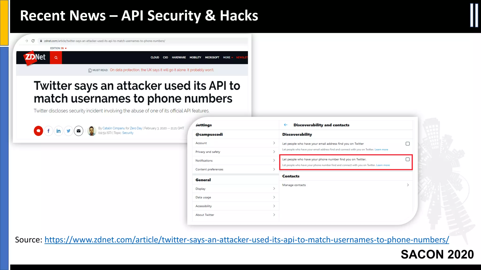 SACON 2020
Recent News – API Security & Hacks
Source: https://www.zdnet.com/article/twitter-says-an-attacker-used-its-api-to-match-usernames-to-phone-numbers/
 