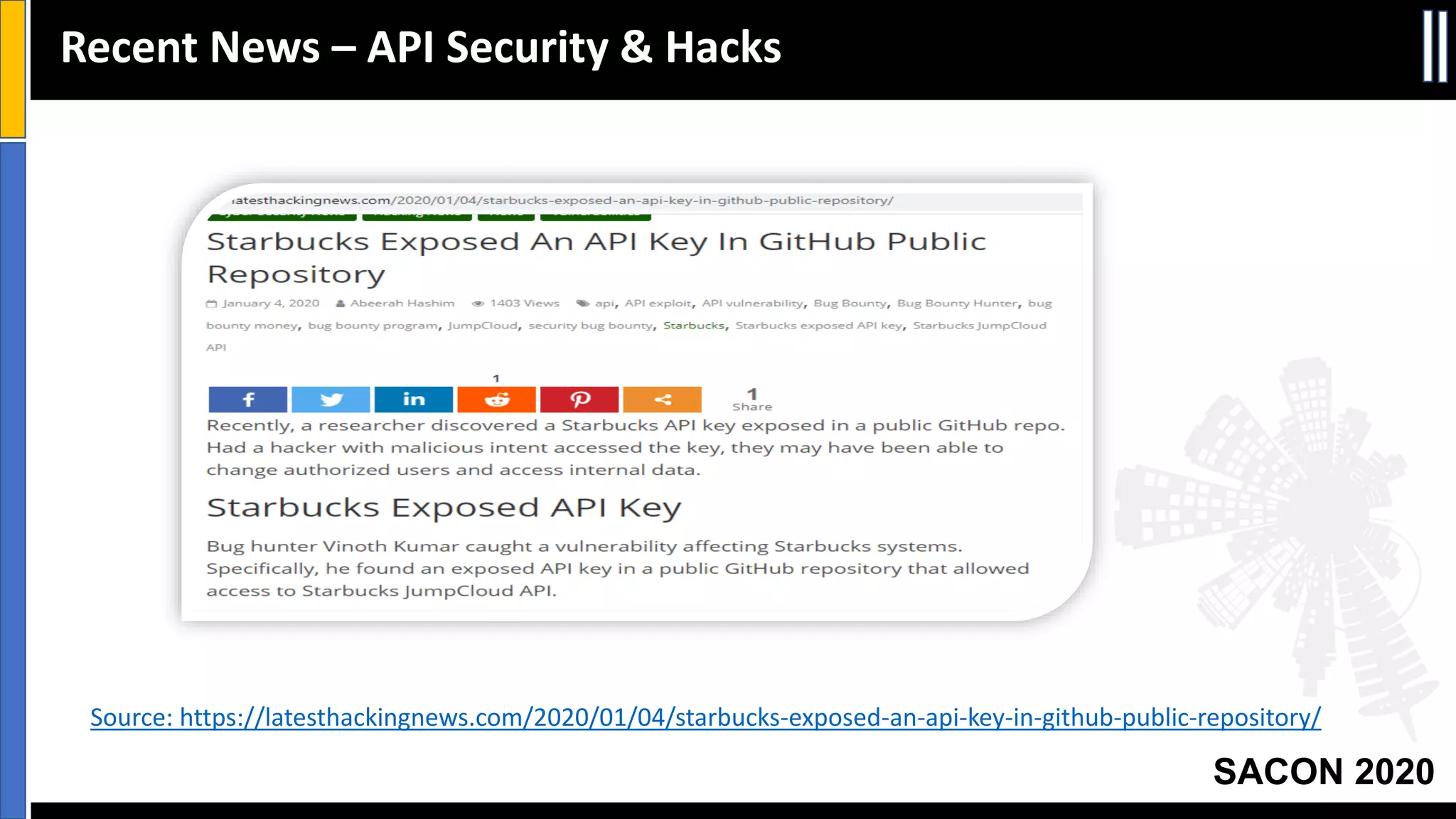 SACON 2020
Source: https://latesthackingnews.com/2020/01/04/starbucks-exposed-an-api-key-in-github-public-repository/
Recent News – API Security & Hacks
 