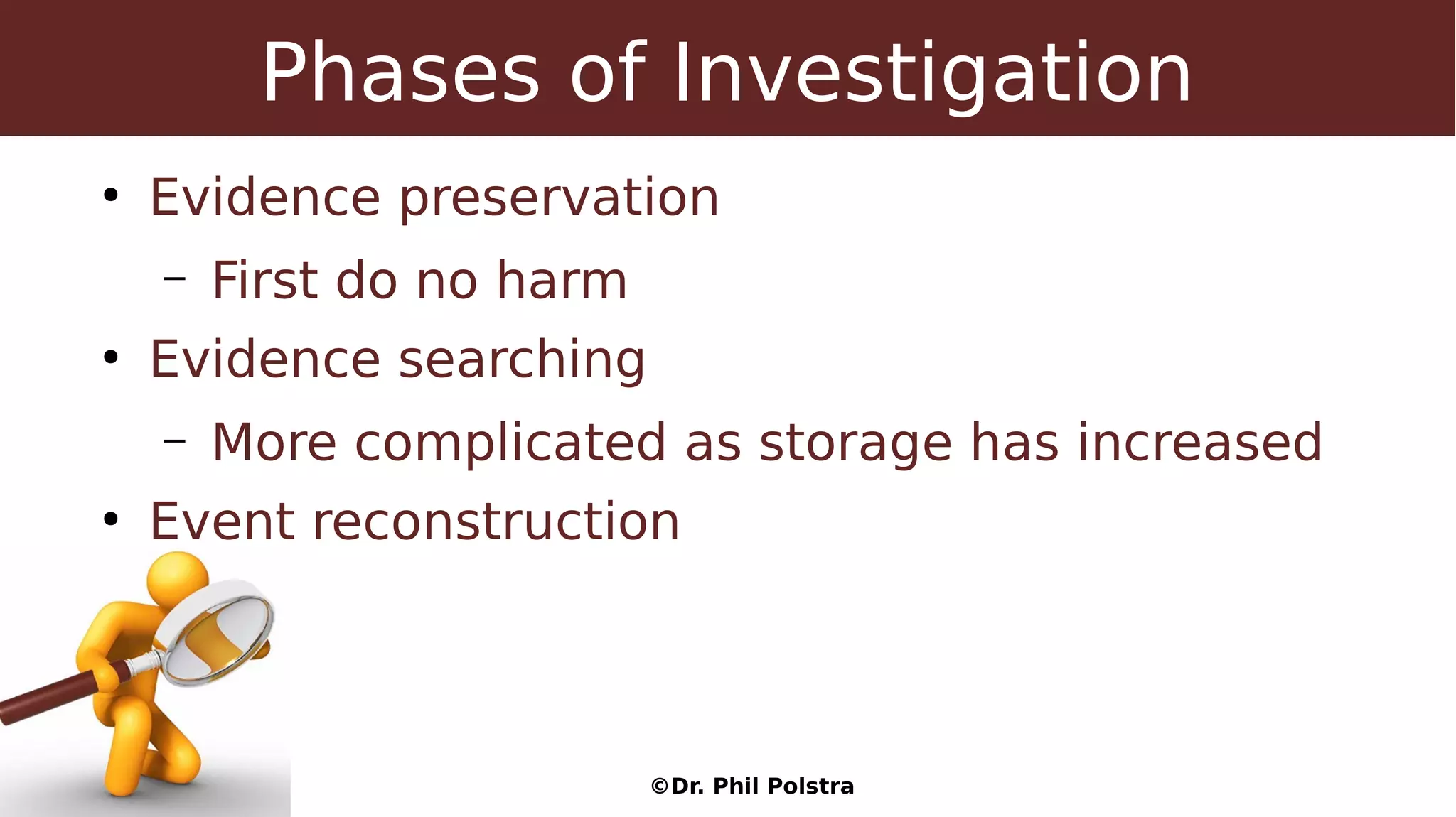 ©Dr. Phil Polstra
Phases of Investigation
●
Evidence preservation
– First do no harm
●
Evidence searching
– More complicated as storage has increased
●
Event reconstruction
 