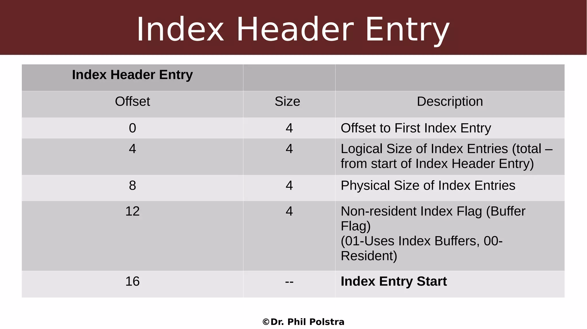 ©Dr. Phil Polstra
Index Header Entry
Index Header Entry
Offset Size Description
0 4 Offset to First Index Entry
4 4 Logical Size of Index Entries (total –
from start of Index Header Entry)
8 4 Physical Size of Index Entries
12 4 Non-resident Index Flag (Buffer
Flag)
(01-Uses Index Buffers, 00-
Resident)
16 -- Index Entry Start
 
