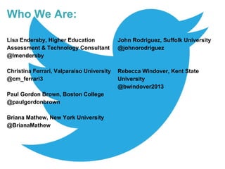 Who We Are:
Lisa Endersby, Higher Education
Assessment & Technology Consultant
@lmendersby
Christina Ferrari, Valparaiso University
@cm_ferrari3
Paul Gordon Brown, Boston College
@paulgordonbrown
Briana Mathew, New York University
@BrianaMathew
John Rodriguez, Suffolk University
@johnorodriguez
Rebecca Windover, Kent State
University
@bwindover2013
 