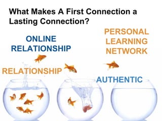 What Makes A First Connection a
Lasting Connection?
AUTHENTIC
RELATIONSHIP
PERSONAL
LEARNING
NETWORK
ONLINE
RELATIONSHIP
 
