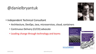 @danielbryantuk
• Independent Technical Consultant
• Architecture, DevOps, Java, microservices, cloud, containers
• Continuous Delivery (CI/CD) advocate
• Leading change through technology and teams
28/02/2018 @danielbryantuk
bit.ly/2jWDSF7
 