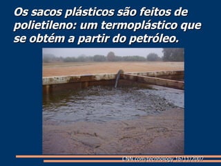 Os sacos plásticos são feitos de polietileno: um termoplástico que se obtém a partir do petróleo. CNN.com/tecnhology 16/11/2007  