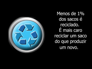 Menos de 1% dos sacos é reciclado.  É mais caro reciclar um saco do que produzir um novo.   