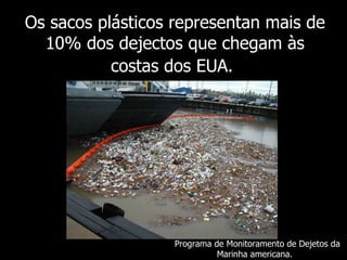 Os sacos plásticos representan mais de 10% dos dejectos que chegam às costas dos EUA.   Programa de Monitoramento de Dejetos da Marinha americana.  
