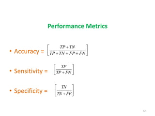 Performance Metrics
• Accuracy =
• Sensitivity =
• Specificity =










FN
FP
TN
TP
TN
TP






 FN
TP
TP






 FP
TN
TN
32
 