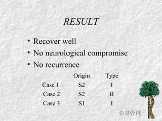 RESULT
• Recover well
• No neurological compromise
• No recurrence
Origin Type
Case 1 S2 I
Case 2 S2 II
Case 3 S1 I
彰基骨科
 