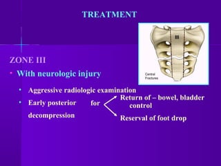 TREATMENT
ZONE III
• With neurologic injury
• Aggressive radiologic examination
• Early posterior
decompression
for
Return of – bowel, bladder
control
Reserval of foot drop
 