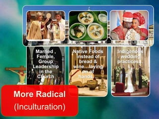 Married , 
Female, 
Group 
Leadership 
in the 
Church 
Native Foods 
instead of 
bread & 
wine…laying 
on of 
hands… 
Indigenous 
wedding 
practices… 
More Radical 
(Inculturation) 
 