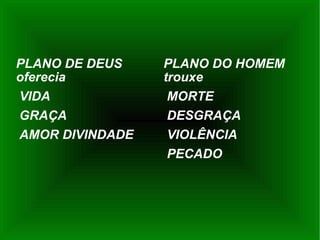 PLANO DE DEUS oferecia VIDA GRAÇA  AMOR DIVINDADE PLANO DO HOMEM trouxe MORTE DESGRAÇA VIOLÊNCIA PECADO 