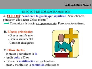 SACRAMENTOS, 8
EFECTOS DE LOS SACRAMENTOS
A. CCE 1127CCE 1127: “confieren la gracia que significan. Son ‘eficaces’
porque en ellos actúa Cristo mismo”.
Comunican la gracia ex opere operato. Pero no automatismo.
B. Efectos principales:
- Gracia santificante
- Gracia sacramental
- Carácter en algunos
C. Otros efectos:
- expresar y fortalecer la fe
- rendir culto a Dios
- realizar la santificación de los hombres
- crear y manifestar la comunión eclesiástica
 