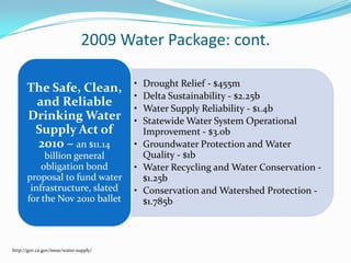 2009 Water Package: cont.http://gov.ca.gov/issue/water-supply/