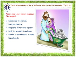 “Este es mi mandamiento: Que os améis unos a otros, como yo os he amado. ” (Jn 15, 12)




Pasos para una buena confesión
(rito propio):

1. Examen de Conciencia.
2. Arrepentimiento.
3. Propósito de no volver a pecar.
4. Decir los pecados al confesor.
5. Recibir la absolución y cumplir
   la penitencia.
 