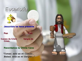 Eucaristía


• Jesucristo se hace presente

  Pan                  Vino

Cuerpo de Cristo   Sangre de
  Cristo


  Recordamos la Última Cena

  “ Tomad, esto es mi Cuerpo…
   Bebed, ésta es mi Sangre…”
 