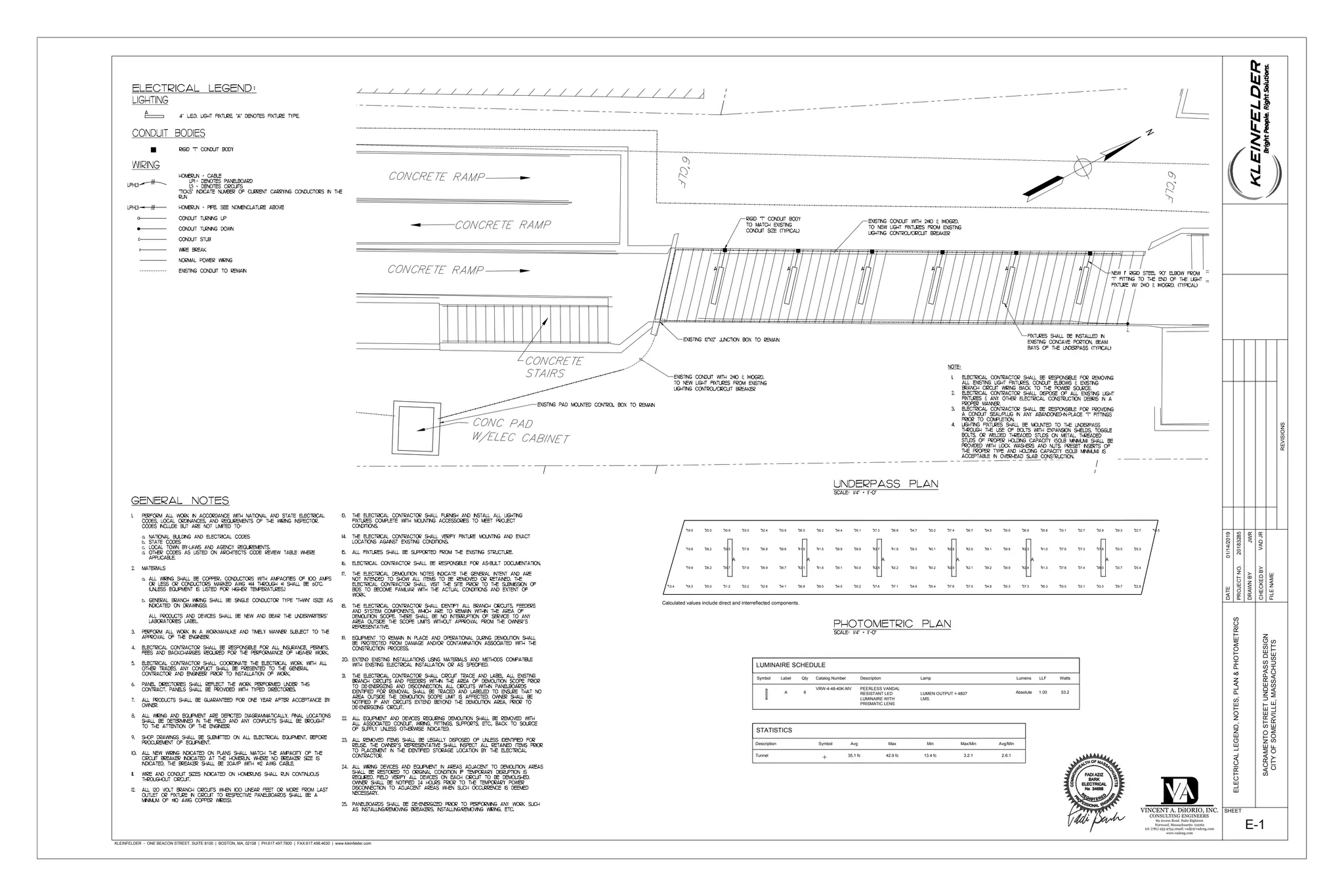 N
KLEINFELDER - ONE BEACON STREET, SUITE 8100 | BOSTON, MA, 02108 | PH:617.497.7800 | FAX:617.498.4630 | www.kleinfelder.com
SACRAMENTOSTREETUNDERPASSDESIGN
CITYOFSOMERVILLE,MASSACHUSETTS
DATE
PROJECTNO.
DRAWNBY
CHECKEDBY
FILENAME
01/14/2019
20183285
REVISIONS
SHEETVINCENT A. DiIORIO, INC.
CONSULTING ENGINEERS
89 Access Road Suite Eighteen
Norwood, Massachusetts 02062
tel: (781) 255-9754 email: vadjr@vadeng.com
www.vadeng.com
JWR
VADJR
E-1
ELECTRICALLEGEND,NOTES,PLAN&PHOTOMETRICS
LUMINAIRE SCHEDULE
Symbol Label Qty Lumens LLF WattsCatalog Number Description Lamp
A 6 Absolute 1.00 53.2
VRW-4-48-40K-MV PEERLESS VANDAL
RESISTANT LED
LUMINAIRE WITH
PRISMATIC LENS
LUMEN OUTPUT = 4807
LMS.
STATISTICS
Description Symbol Avg Max Min Max/Min Avg/Min
Tunnel 35.1 fc 42.9 fc 13.4 fc 3.2:1 2.6:1
Calculated values include direct and interreflected components.
18.3
19.9
19.8
18.0
25.0
28.2
28.2
25.0
31.2
35.7
35.5
30.9
33.2
37.9
37.8
33.0
32.6
36.9
36.8
32.4
34.1
38.7
38.6
33.9
36.8
42.1
41.9
36.5
36.5
41.6
41.5
36.2
34.5
39.1
38.9
34.4
35.2
40.0
39.9
35.1
37.6
42.8
42.7
37.3
37.1
42.2
41.9
36.8
34.9
39.3
39.3
34.7
35.4
40.2
40.1
35.2
37.6
42.8
37.4
37.0
42.1
42.0
36.7
34.8
39.2
39.1
34.5
35.3
39.9
39.8
35.0
37.3
42.4
42.3
36.9
36.3
41.3
41.0
35.8
33.5
37.8
37.6
33.1
33.1
37.4
37.3
32.7
33.3
38.0
37.8
32.9
29.7
33.7
33.5
29.3
22.8
25.4
25.3
22.7 16.5
13.4
42.9
A A A A A A
 