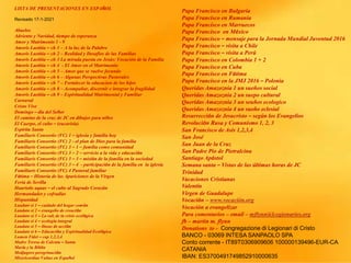 LISTA DE PRESENTACIONES EN ESPAÑOL
Revisado 17-1-2021
Abuelos
Adviento y Navidad, tiempo de esperanza
Amor y Matrimonio 1 - 9
Amoris Laetitia – ch 1 – A la luz de la Palabre
Amoris Laetitia – ch 2 – Realidad y Desafíos de las Familias
Amoris Laetitia – ch 3 La mirada puesta en Jesús: Vocación de la Familia
Amoris Laetitia – ch 4 - El Amor en el Matrimonio
Amoris Laetitia – ch 5 – Amor que se vuelve fecundo
Amoris Laetitia – ch 6 – Algunas Perspectivas Pastorales
Amoris Laetitia – ch 7 – Fortalecer la educacion de los hijos
Amoris Laetitia – ch 8 – Acompañar, discernir e integrar la fragilidad
Amoris Laetitia – ch 9 – Espiritualidad Matrimonial y Familiar
Carnaval
Cristo Vive
Domingo – día del Señor
El camino de la cruz de JC en dibujos para niños
El Cuerpo, el culto – (eucarisía)
Espíritu Santo
Familiaris Consortio (FC) 1 – iglesia y familia hoy
Familiaris Consortio (FC) 2 - el plan de Dios para la familia
Familiaris Consortio (FC) 3 – 1 – familia como comunidad
Familiaris Consortio (FC) 3 – 2 – servicio a la vida y educación
Familiaris Consortio (FC) 3 – 3 – misión de la familia en la sociedad
Familiaris Consortio (FC) 3 – 4 - participación de la familia en la iglesia
Familiaris Consortio (FC) 4 Pastoral familiar
Fátima – Historia de las Apariciones de la Virgen
Feria de Sevilla
Haurietis aquas – el culto al Sagrado Corazón
Hermandades y cofradías
Hispanidad
Laudato si 1 – cuidado del hogar común
Laudato si 2 – evangelio de creación
Laudato si 3 – La raíz de la crisis ecológica
Laudato si 4 – ecología integral
Laudato si 5 – líneas de acción
Laudato si 6 – Educación y Espiritualidad Ecológica
Lumen Fidei – cap 1,2,3,4
Madre Teresa de Calcuta – Santa
María y la Biblia
Medjugore peregrinación
Misericordiae Vultus en Español
Papa Francisco en Bulgaria
Papa Francisco en Rumania
Papa Francisco en Marruecos
Papa Francisco en México
Papa Francisco – mensaje para la Jornada Mundial Juventud 2016
Papa Francisco – visita a Chile
Papa Francisco – visita a Perú
Papa Francisco en Colombia 1 + 2
Papa Francisco en Cuba
Papa Francisco en Fátima
Papa Francisco en la JMJ 2016 – Polonia
Queridas Amazoznia 1 un sueños social
Queridas Amazoznia 2 un suepo cultural
Queridas Amazoznia 3 un seuños ecologico
Queridas Amazoznia 4 un sueño eclesial
Resurrección de Jesucristo – según los Evangelios
Revolución Rusa y Comunismo 1, 2, 3
San Francisco de Asis 1,2,3,4
San José
San Juan de la Cruz
San Padre Pio de Pietralcina
Santiago Apóstol
Semana santa – Vistas de las últimas horas de JC
Trinidad
Vacaciones Cristianas
Valentín
Virgen de Guadalupe
Vocación – www.vocación.org
Vocación a evangelizar
Para comentarios – email – mflynn@lcegionaries.org
fb – martin m. flynn
Donations to - Congregazione di Legionari di Cristo
BANCO - 03069 INTESA SANPAOLO SPA
Conto corrente - IT89T0306909606 100000139496-EUR-CA
CATANIA
IBAN: ES3700491749852910000635
 