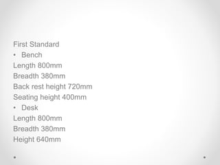 First Standard
• Bench
Length 800mm
Breadth 380mm
Back rest height 720mm
Seating height 400mm
• Desk
Length 800mm
Breadth 380mm
Height 640mm
 