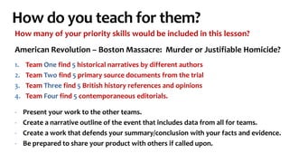 How do you teach for them?
How many of your priority skills would be included in this lesson?
American Revolution – Boston Massacre: Murder or Justifiable Homicide?
1. Team One find 5 historical narratives by different authors
2. Team Two find 5 primary source documents from the trial
3. Team Three find 5 British history references and opinions
4. Team Four find 5 contemporaneous editorials.
- Present your work to the other teams.
- Create a narrative outline of the event that includes data from all for teams.
- Create a work that defends your summary/conclusion with your facts and evidence.
- Be prepared to share your product with others if called upon.
 