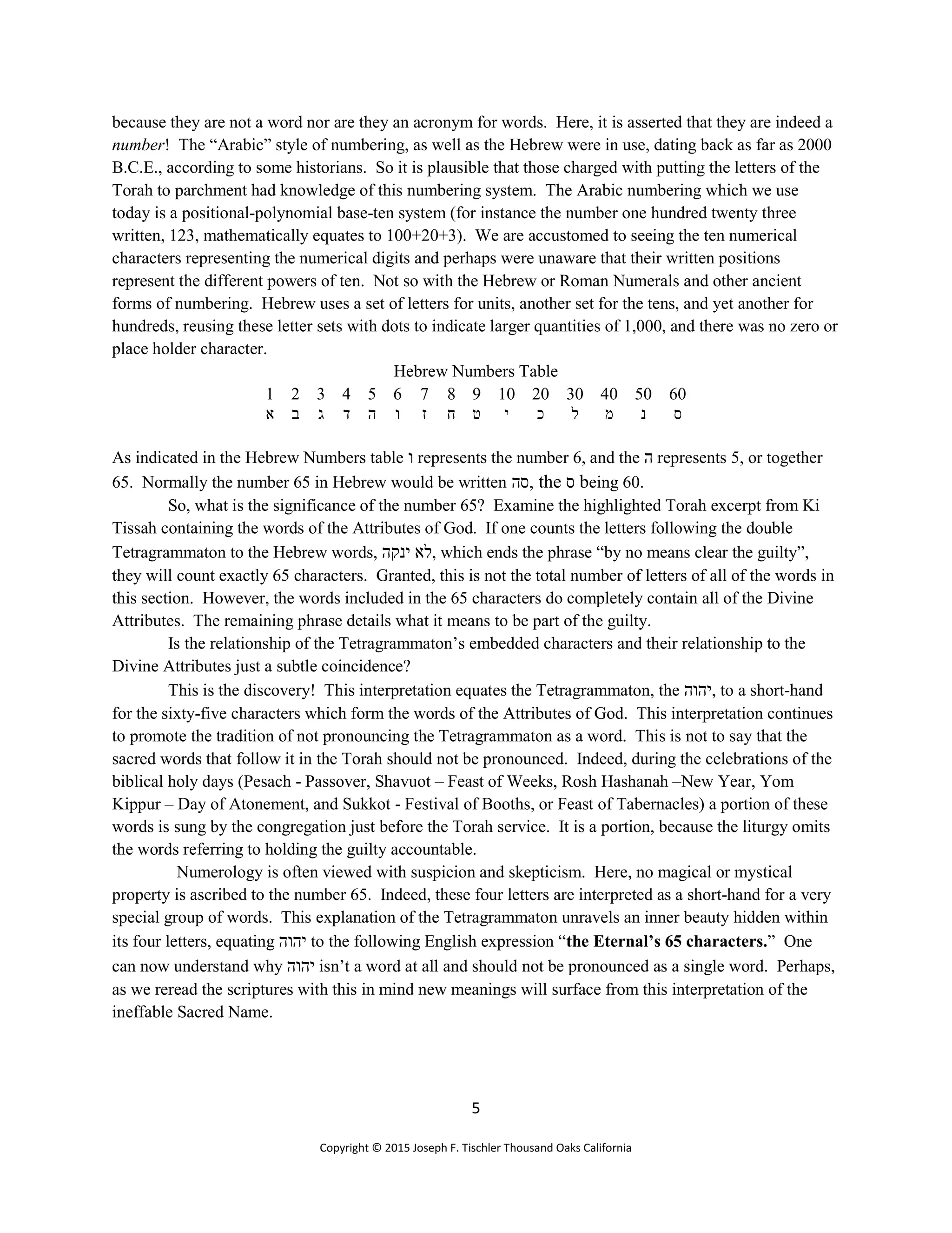5
Copyright © 2015 Joseph F. Tischler Thousand Oaks California
because they are not a word nor are they an acronym for words. Here, it is asserted that they are indeed a
number! The “Arabic” style of numbering, as well as the Hebrew were in use, dating back as far as 2000
B.C.E., according to some historians. So it is plausible that those charged with putting the letters of the
Torah to parchment had knowledge of this numbering system. The Arabic numbering which we use
today is a positional-polynomial base-ten system (for instance the number one hundred twenty three
written, 123, mathematically equates to 100+20+3). We are accustomed to seeing the ten numerical
characters representing the numerical digits and perhaps were unaware that their written positions
represent the different powers of ten. Not so with the Hebrew or Roman Numerals and other ancient
forms of numbering. Hebrew uses a set of letters for units, another set for the tens, and yet another for
hundreds, reusing these letter sets with dots to indicate larger quantities of 1,000, and there was no zero or
place holder character.
Hebrew Numbers Table
1 2 3 4 5 6 7 8 9 10 20 30 40 50 60
‫א‬ ‫ב‬ ‫ג‬ ‫ד‬ ‫ה‬ ‫ו‬ ‫ז‬ ‫ח‬ ‫ט‬ ‫י‬ ‫כ‬ ‫ל‬ ‫מ‬ ‫נ‬ ‫ס‬
As indicated in the Hebrew Numbers table ‫ו‬ represents the number 6, and the ‫ה‬ represents 5, or together
65. Normally the number 65 in Hebrew would be written ‫,סה‬ the ‫ס‬ being 60.
So, what is the significance of the number 65? Examine the highlighted Torah excerpt from Ki
Tissah containing the words of the Attributes of God. If one counts the letters following the double
Tetragrammaton to the Hebrew words, ‫ינקה‬ ‫לא‬, which ends the phrase “by no means clear the guilty”,
they will count exactly 65 characters. Granted, this is not the total number of letters of all of the words in
this section. However, the words included in the 65 characters do completely contain all of the Divine
Attributes. The remaining phrase details what it means to be part of the guilty.
Is the relationship of the Tetragrammaton’s embedded characters and their relationship to the
Divine Attributes just a subtle coincidence?
This is the discovery! This interpretation equates the Tetragrammaton, the ‫יהוה‬, to a short-hand
for the sixty-five characters which form the words of the Attributes of God. This interpretation continues
to promote the tradition of not pronouncing the Tetragrammaton as a word. This is not to say that the
sacred words that follow it in the Torah should not be pronounced. Indeed, during the celebrations of the
biblical holy days (Pesach - Passover, Shavuot – Feast of Weeks, Rosh Hashanah –New Year, Yom
Kippur – Day of Atonement, and Sukkot - Festival of Booths, or Feast of Tabernacles) a portion of these
words is sung by the congregation just before the Torah service. It is a portion, because the liturgy omits
the words referring to holding the guilty accountable.
Numerology is often viewed with suspicion and skepticism. Here, no magical or mystical
property is ascribed to the number 65. Indeed, these four letters are interpreted as a short-hand for a very
special group of words. This explanation of the Tetragrammaton unravels an inner beauty hidden within
its four letters, equating ‫יהוה‬ to the following English expression “the Eternal’s 65 characters.” One
can now understand why ‫יהוה‬ isn’t a word at all and should not be pronounced as a single word. Perhaps,
as we reread the scriptures with this in mind new meanings will surface from this interpretation of the
ineffable Sacred Name.
 