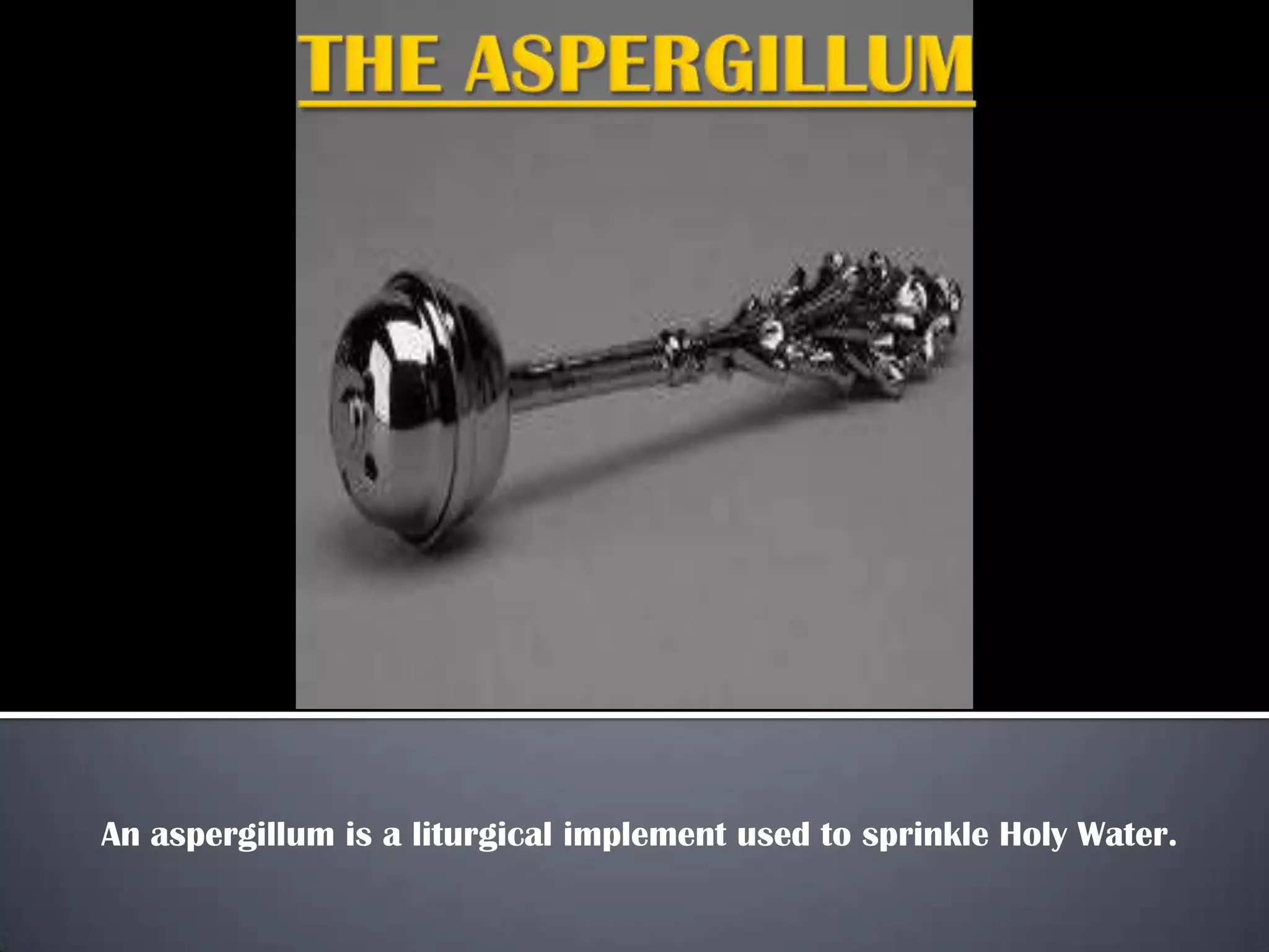 An aspergillum is a liturgical implement used to sprinkle Holy Water.
 
