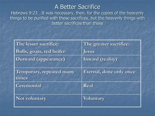 A Better Sacrifice
Hebrews 9:23 It was necessary, then, for the copies of the heavenly
things to be purified with these sacrifices, but the heavenly things with
better sacrifices than these
The lesser sacrifice:
Bulls, goats, red heifer
The greater sacrifice:
Jesus
Outward (appearance) Inward (reality)
Temporary, repeated many
times
Eternal, done only once
Ceremonial Real
Not voluntary Voluntary
 