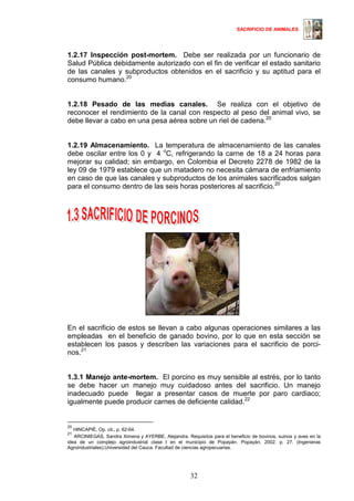 SACRIFICIO DE ANIMALES
32
1.2.17 Inspección post-mortem. Debe ser realizada por un funcionario de
Salud Pública debidamente autorizado con el fin de verificar el estado sanitario
de las canales y subproductos obtenidos en el sacrificio y su aptitud para el
consumo humano.20 18
1.2.18 Pesado de las medias canales. Se realiza con el objetivo de
reconocer el rendimiento de la canal con respecto al peso del animal vivo, se
debe llevar a cabo en una pesa aérea sobre un riel de cadena.20
1.2.19 Almacenamiento. La temperatura de almacenamiento de las canales
debe oscilar entre los 0 y 4 o
C, refrigerando la carne de 18 a 24 horas para
mejorar su calidad; sin embargo, en Colombia el Decreto 2278 de 1982 de la
ley 09 de 1979 establece que un matadero no necesita cámara de enfriamiento
en caso de que las canales y subproductos de los animales sacrificados salgan
para el consumo dentro de las seis horas posteriores al sacrificio.20
En el sacrificio de estos se llevan a cabo algunas operaciones similares a las
empleadas en el beneficio de ganado bovino, por lo que en esta sección se
establecen los pasos y describen las variaciones para el sacrificio de porci-
nos.21 19
1.3.1 Manejo ante-mortem. El porcino es muy sensible al estrés, por lo tanto
se debe hacer un manejo muy cuidadoso antes del sacrificio. Un manejo
inadecuado puede llegar a presentar casos de muerte por paro cardiaco;
igualmente puede producir carnes de deficiente calidad.22
20
HINCAPIÉ, Op. cit., p. 62-64.
21
ARCINIEGAS, Sandra Ximena y AYERBE, Alejandra. Requisitos para el beneficio de bovinos, suinos y aves en la
idea de un complejo agroindustrial clase I en el municipio de Popayán. Popayán, 2002. p. 27. (Ingenieras
Agroindustriales).Universidad del Cauca. Facultad de ciencias agropecuarias.
 