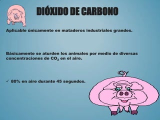 DIÓXIDO DE CARBONO
Aplicable únicamente en mataderos industriales grandes.
Básicamente se aturden los animales por medio de diversas
concentraciones de CO2 en el aire.
 80% en aire durante 45 segundos.
 