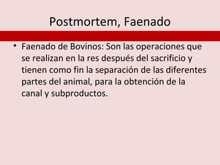 Postmortem, Faenado
• Faenado de Bovinos: Son las operaciones que
  se realizan en la res después del sacrificio y
  tienen como fin la separación de las diferentes
  partes del animal, para la obtención de la
  canal y subproductos.
 