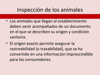 Inspección de los animales
• Los animales que llegan al establecimiento
  deben venir acompañados de un documento
  en el que se describen su origen y condición
  sanitaria.
• El origen exacto permite asegurar la
  rastreabilidad (o trazabilidad), que se ha
  convertido en una información imprescindible
  para los consumidores.
 