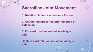 Sacroiliac Joint Movement
1) Nutation: Anterior nutation or flexion
2) Counter nutation: Posterior nutation or
extension
3) Forward rotation around an oblique
axis
4) Backward rotation around an oblique
axis
 