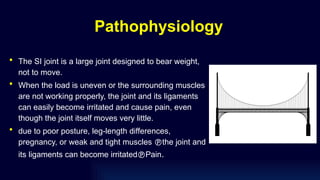 Pathophysiology
• The SI joint is a large joint designed to bear weight,
not to move.
• When the load is uneven or the surrounding muscles
are not working properly, the joint and its ligaments
can easily become irritated and cause pain, even
though the joint itself moves very little.
• due to poor posture, leg-length differences,
pregnancy, or weak and tight muscles the joint and
its ligaments can become irritatedPain.
 