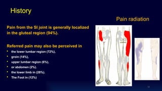 Pain radiation
Pain from the SI joint is generally localized
in the gluteal region (94%).
Referred pain may also be perceived in
• the lower lumbar region (72%),
• groin (14%),
• upper lumbar region (6%),
• or abdomen (2%).
• the lower limb in (28%).
• The Foot in (12%)
12
History
 