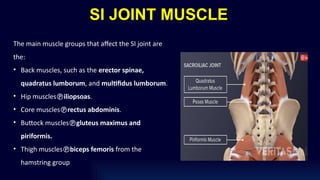 SI JOINT MUSCLE
The main muscle groups that affect the SI joint are
the:
• Back muscles, such as the erector spinae,
quadratus lumborum, and multifidus lumborum.
• Hip musclesiliopsoas.
• Core musclesrectus abdominis.
• Buttock musclesgluteus maximus and
piriformis.
• Thigh musclesbiceps femoris from the
hamstring group
 
