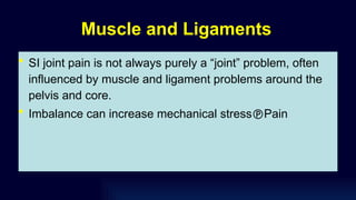 Muscle and Ligaments
• SI joint pain is not always purely a “joint” problem, often
influenced by muscle and ligament problems around the
pelvis and core.
• Imbalance can increase mechanical stressPain
 