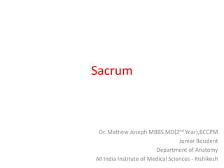 Sacrum
Dr. Mathew Joseph MBBS,MD(2nd Year),BCCPM
Junior Resident
Department of Anatomy
All India Institute of Medical Sciences - Rishikesh
 