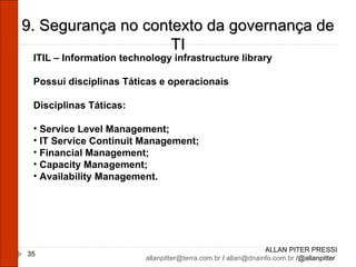 ALLAN PITER PRESSI [email_address]  /  [email_address]  /@allanpitter  9. Segurança no contexto da governança de TI ITIL – Information technology infrastructure library Possui disciplinas Táticas e operacionais Disciplinas Táticas: Service Level Management; IT Service Continuit Management; Financial Management; Capacity Management; Availability Management. 