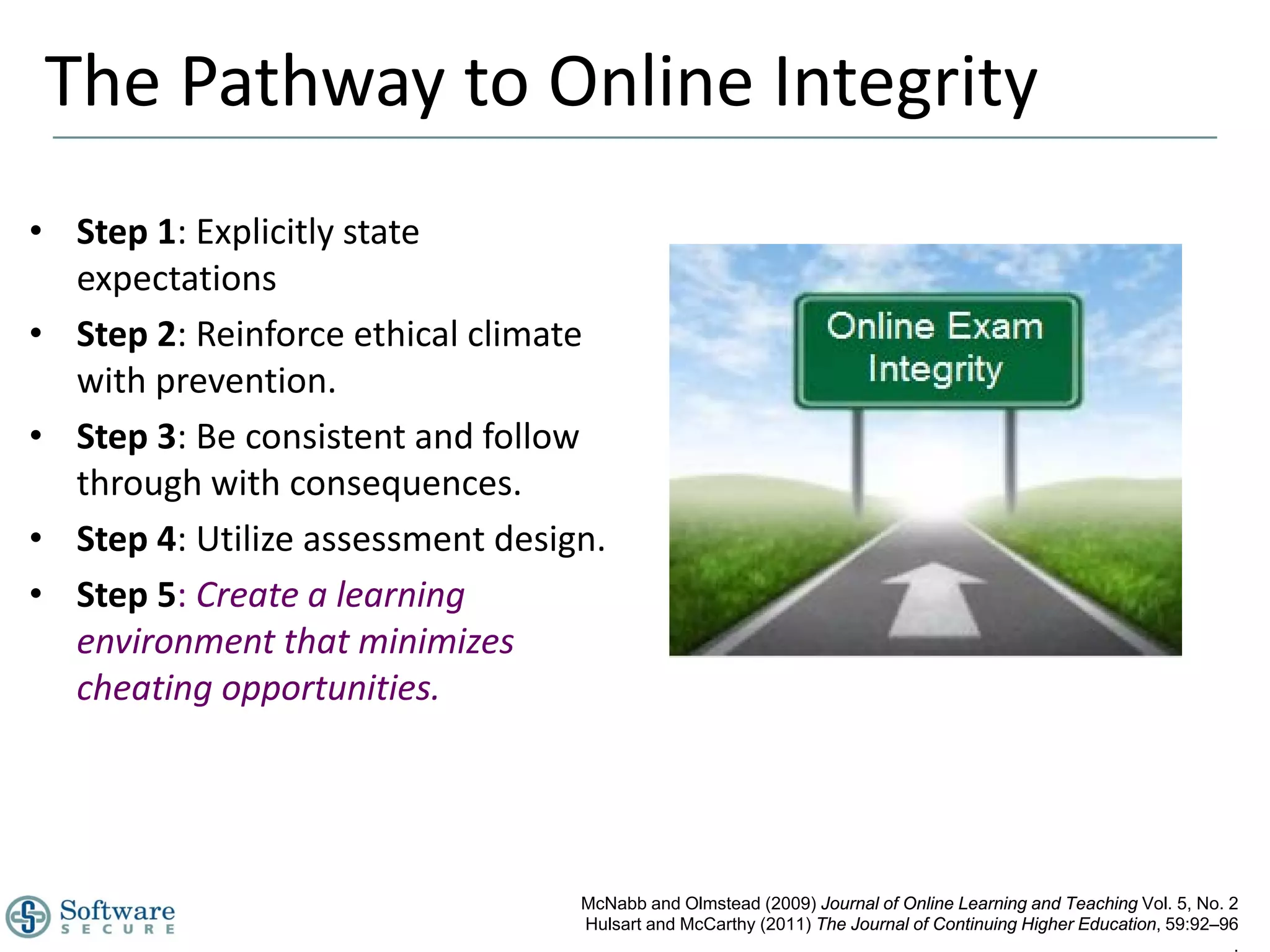 The Pathway to Online Integrity
• Step 1: Explicitly state
  expectations
• Step 2: Reinforce ethical climate
  with prevention.
• Step 3: Be consistent and follow
  through with consequences.
• Step 4: Utilize assessment design.
• Step 5: Create a learning
  environment that minimizes
  cheating opportunities.




                                  McNabb and Olmstead (2009) Journal of Online Learning and Teaching Vol. 5, No. 2
                                  Hulsart and McCarthy (2011) The Journal of Continuing Higher Education, 59:92–96
                                                                                                                  .
 