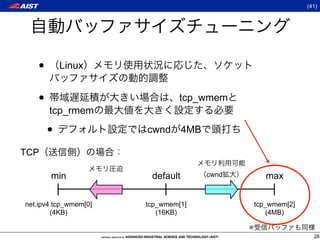 (41)




   •       Linux


   •                            tcp_wmem
       tcp_rmem

       •               cwnd       4MB

TCP

       min              default         cwnd          max

net.ipv4.tcp_wmem[0]   tcp_wmem[1]                 tcp_wmem[2]
        (4KB)             (16KB)                      (4MB)

                                               ※
                                                                   28
 