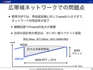 (47)




•       TCP                               cwnd


    •              cwnd

    •
                 1Gbps    RTT 200ms MTU 1500B
cwnd
         16000

                                                 8000


                         8000 RTT ≒ 27

                                                   Time
                                                            36
 