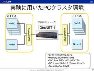 (20)



                                  PC
8 PCs                                                              8 PCs
                            WAN                                    Node8
Node0
 Host 0                                                             Host 0
  Host 0    Catalyst 3750    GtrcNET-1                               Host 0




                                                   Catalyst 3750
   Host 0                                                             Host 0




                                                                     ………
  ………




Node7                                                              Node15



                                   • CPU: Pentium4/2.4GHz
                                   • Memory: DDR400 512MB
                                   • NIC: Intel PRO/1000 (82547EI)
                                   • OS: Linux-2.6.9-1.6 (Fedora Core 2)
                                   • Socket buffer: 20MB
                                                                                 47
 
