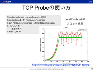 (73)



TCP Probe
                              cwnd ssthresh




   http://www.linuxfoundation.org/en/Net:TCP_testing
                                                       75
 