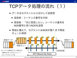 (8)



        TCP
        •
            •
            •
                ACK        ACK

        •                                  ACK

                           #5      #4    #3     #2      #1
                 #5   #1


                           #2       #3    #4     #5     #6


※                                                            ACK
        1
    1
                                RTT (Round Trip Time)
                                                                     9
 