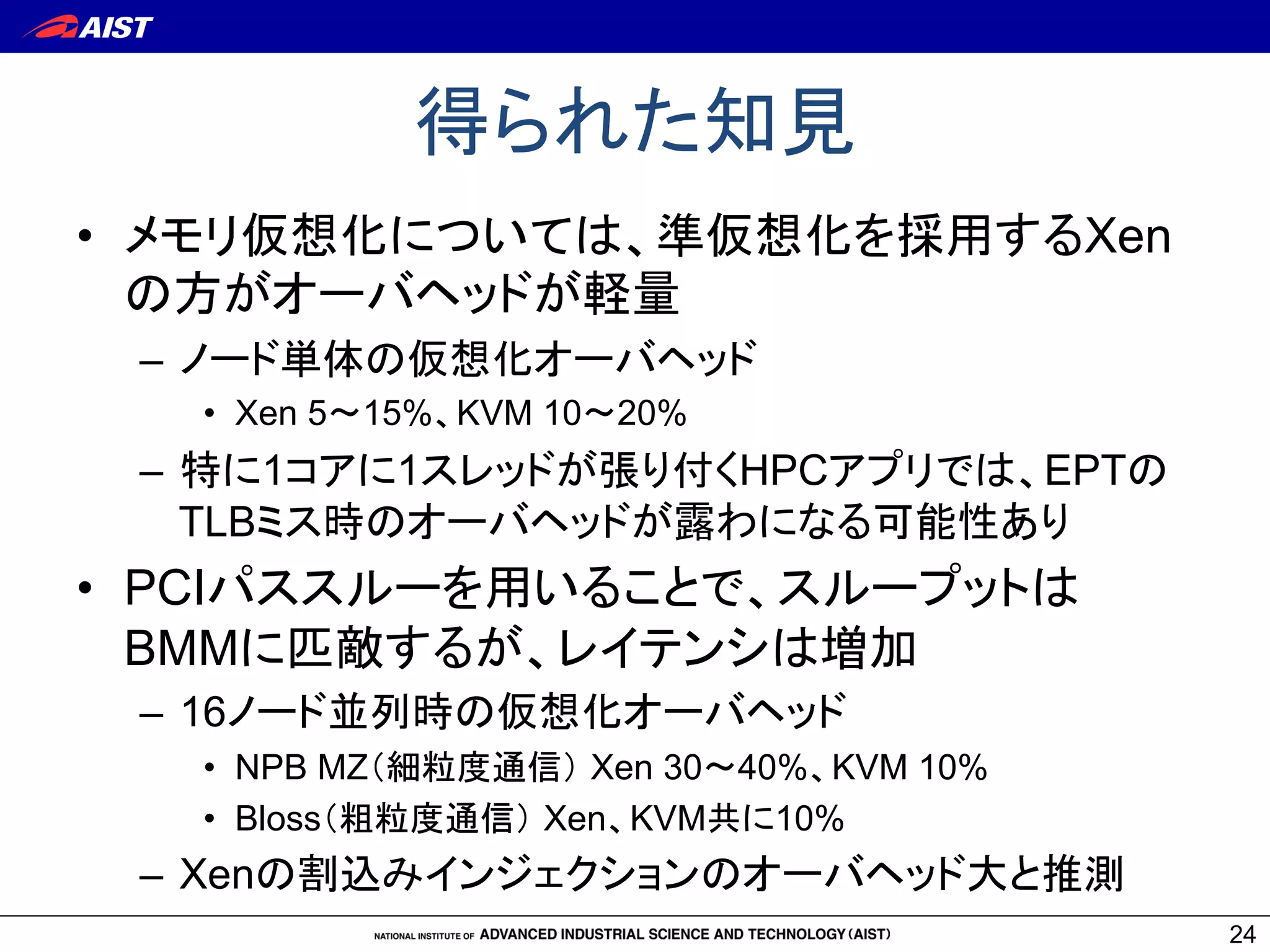得られた知見	
•  メモリ仮想化については、準仮想化を採用するXen
の方がオーバヘッドが軽量
–  ノード単体の仮想化オーバヘッド
•  Xen 5〜15%、KVM 10〜20%
–  特に1コアに1スレッドが張り付くHPCアプリでは、EPTの
TLBミス時のオーバヘッドが露わになる可能性あり	
•  PCIパススルーを用いることで、スループットは
BMMに匹敵するが、レイテンシは増加
–  16ノード並列時の仮想化オーバヘッド
•  NPB MZ（細粒度通信） Xen 30〜40%、KVM 10%
•  Bloss（粗粒度通信） Xen、KVM共に10%
–  Xenの割込みインジェクションのオーバヘッド大と推測
24
 