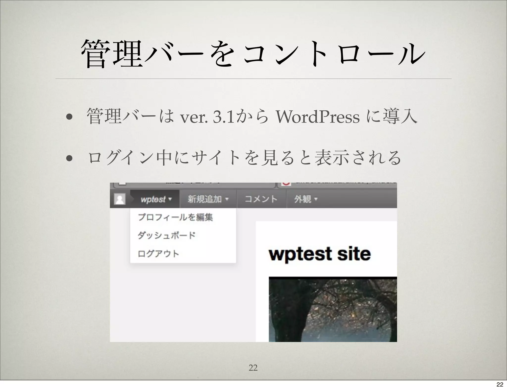 管理バーをコントロール
• 管理バーは ver. 3.1から WordPress に導入

• ログイン中にサイトを見ると表示される




                22
                                   22
 