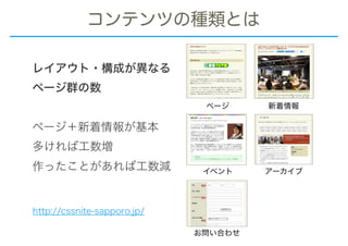 コンテンツの種類とは
レイアウト・構成が異なる 
ページ群の数
ページ＋新着情報が基本
多ければ工数増
作ったことがあれば工数減
ページ 新着情報
イベント アーカイブ
お問い合わせ
http://cssnite-sapporo.jp/
 